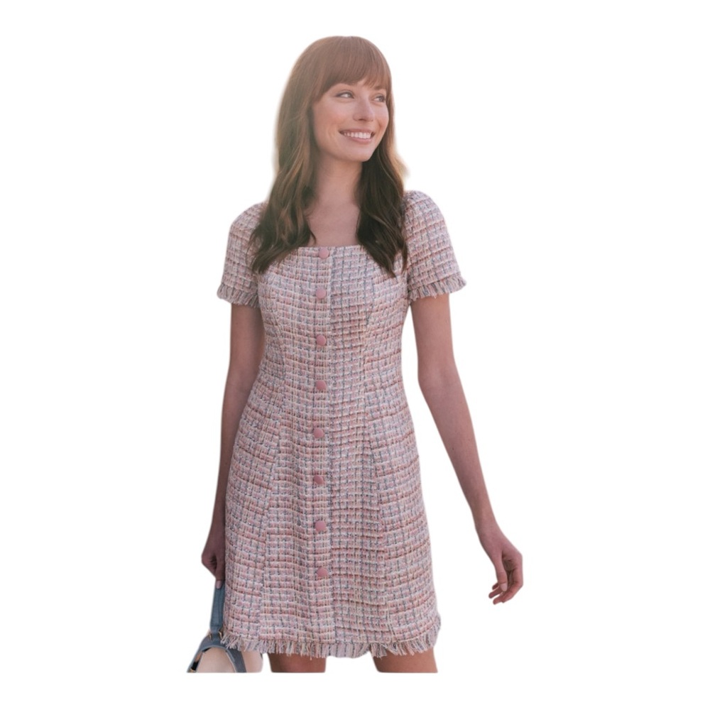 NWOT Gal Meets Glam Stacy Boucle Mini Dress Tweed Pink Retro Fringe Button US 12